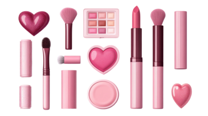 Pink makeup brushes, lipstick, palette, blush collection, cut out transparent