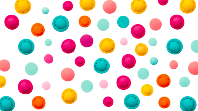 Bright colorful dots of various shapes and sizes , cut out transparent