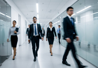 Fototapeta premium Business Professionals Walking Down Modern Office Corridor. Executives, Suits, Teamwork, Corporate Environment.
