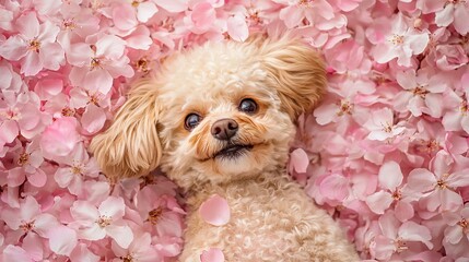 Toy poodle lying on bed of cherry blossoms
