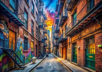Naklejka premium Madrids Industrial Charm A Panoramic Alleyway Evoking New York City Style