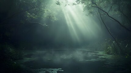 Obraz premium Serene Secluded Forest Glade with Crystal Clear Pond and Light Rays