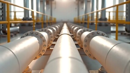 A long row of industrial pipes with flanges and bolts stretching into the distance in a factory space