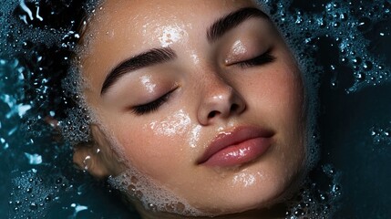 Naklejka premium Relaxed woman's face, bathed in soapy water. Soft, glowing skin, with closed eyes and gentle expression
