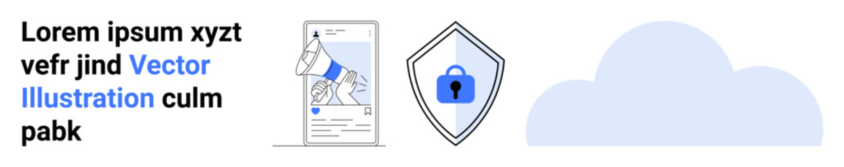 Smartphone with data visualization, shield with lock symbolizing security, and cloud icon. Ideal for cloud computing, cybersecurity, data protection, privacy, online safety, software development