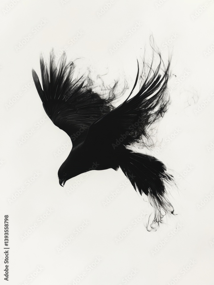 Poster hawk diving gracefully through the air with flowing feathers against a white background capturing th