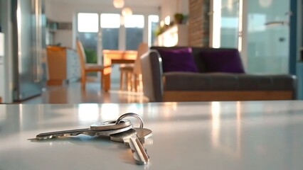 Keys on a white surface with a blurred background of a living room and dining area in soft lighting