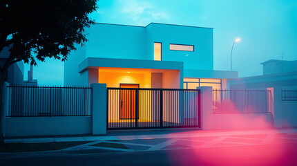 A modern house at night with warm lighting, a gated entrance, and a well-maintained driveway.