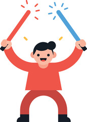 Happy child holding red and blue light sabers in a playful stance, flat vector illustration