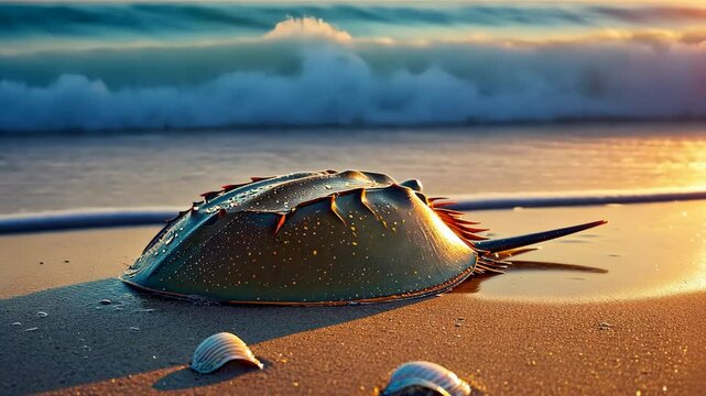 Horseshoe crab rests on sandy beach at sunset with gentle waves in the background