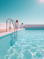 Empty swimming pool with clear water and ladder against blue sky background, creating a serene summer vibe.