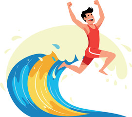 A joyful boy in red swimwear jumping over a colorful wave in flat vector art