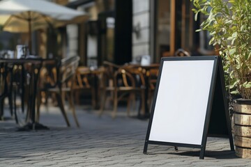 Blank Sidewalk Sign in Front of Outdoor Restaurant Patio Scene