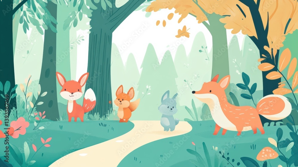 Poster soft animals wander together along a serene forest path surrounded by vibrant greenery