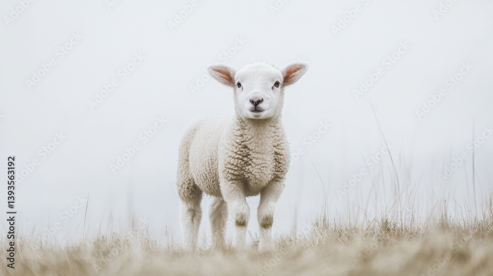 Aufkleber lamb standing in a grassy patch with a soft white background under overcast skies