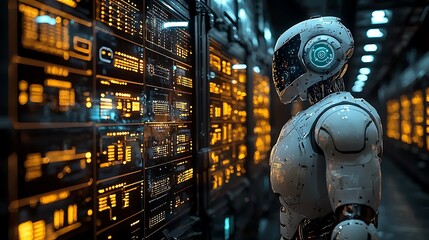 Fototapeta premium Robotic Sentinel in Data Center: A futuristic, highly detailed humanoid robot stands vigilantly amidst a vast server room, illuminated by the warm glow of technological data and information.