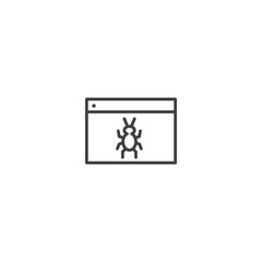Computer bug in browser window line icon for cybersecurity and software development