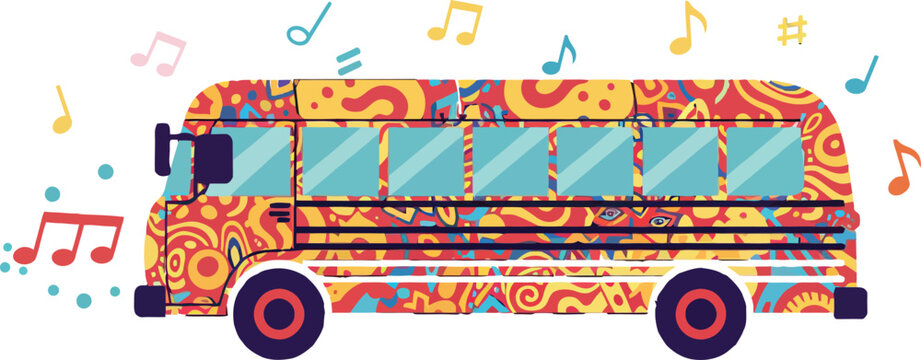 Colorful retro bus adorned with swirling patterns in a flat vector art style featuring musical notes