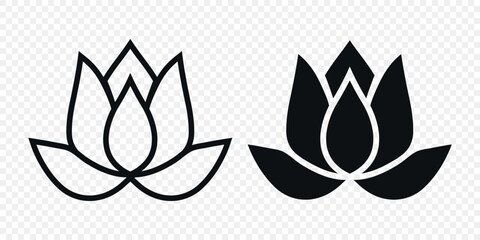 Flat Single Color Vector Lotus Flower Icon Set. Monochrome Floral Symbol. Lotus Silhouette Design for Yoga and Spa Logo. Botanical and Nature Emblem Set. Elegant Flower Clipart