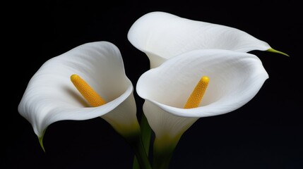 Three white calla lilies on black background