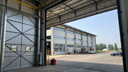 View from inside a hangar with a large metal door partially open looking at a building and cars