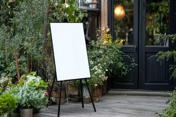 Blank White Sandwich Board Sign at Restaurant Entrance Surrounded by Plants