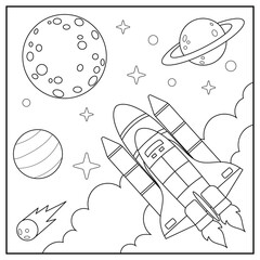 spaceship cartoon line art for kids coloring page book vector illustration