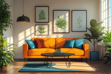 Modern Interior Design: Cozy Living Room with Vibrant Orange Sofa, Greenery, and Contemporary Decor