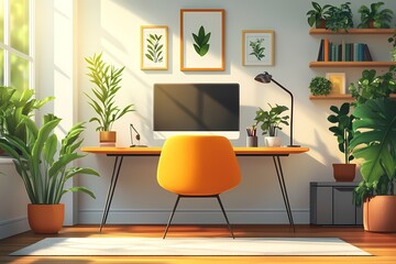 Modern Home Office Workspace with Ergonomic Design, Vibrant Orange Chair, Indoor Plants and Minimalist Decor for Enhanced Productivity