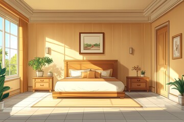 Fototapeta premium Modern Cozy Bedroom Interior with Wooden Decor and Natural Light for a Relaxing Home Vibe