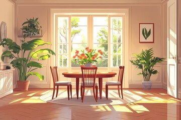 Cozy Dining Room with Natural Light, Elegant Wooden Furniture & Indoor Greenery
