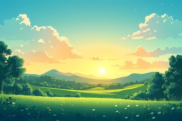 Obraz premium Scenic View of a Vibrant Nature Landscape at Sunset: Idyllic Countryside with Greenery, Mountains, and Bright Sky