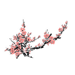 Realistic Sakura Blossom - Japanese Cherry Tree. Artistic Branch Plum Blossom. Vector