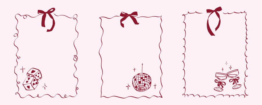 Hand drawn coquette frames. Vintage cute borders with ribbon and bow in simple crayon and sketch style. Trendy art for bachelorette party and wedding invitations. Doodle vector illustration