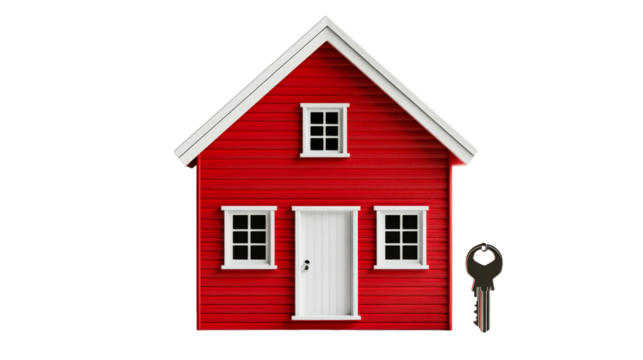 Red house with key isolated, buying new home, cut out transparent