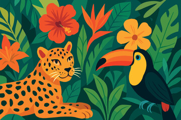 Obraz premium Tropical wildlife scene with leopard and toucan in lush jungle setting