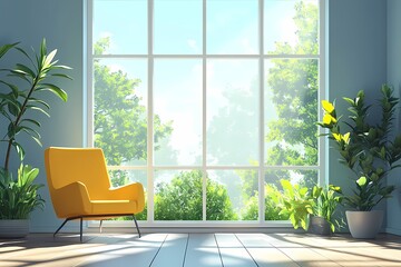 Modern Minimalist Living Room with Natural Light and Potted Plants for a Bright, Cozy Ambiance