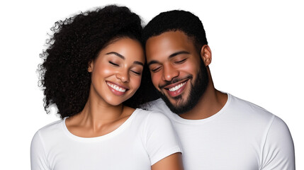 Obraz premium Smiling couple in white shirts close together on transparent background