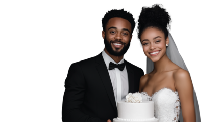 Bride and groom holding wedding cake isolated on transparent background