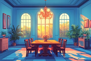 Elegant Dining Room Interior Design in Sunset Lighting with Decorative Chandelier and Cozy Modern Decor with Artwork