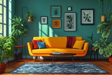 Modern Living Room with Green Walls, Vibrant Decor, and Cozy Furniture – Contemporary Interior Design Inspiration