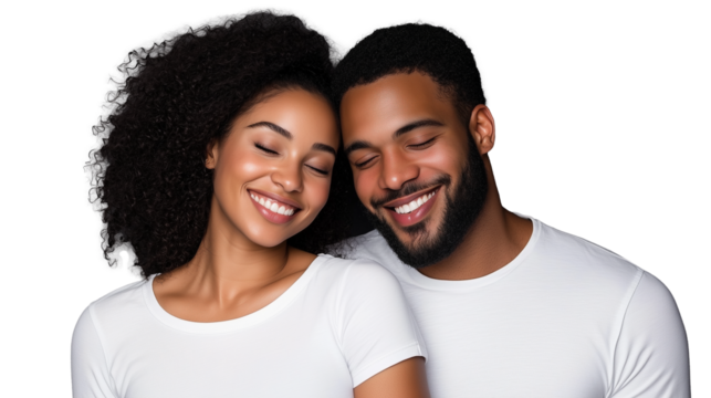 Smiling couple in white shirts close together on transparent background
