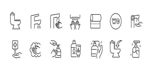 Hygiene and restroom linear icons set: cleanliness and sanitation essentials