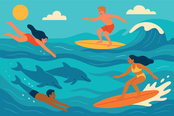 Exciting summer surfing adventure with dolphins in ocean waves