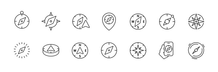 Minimalist linear compass icons set for navigation and travel design projects