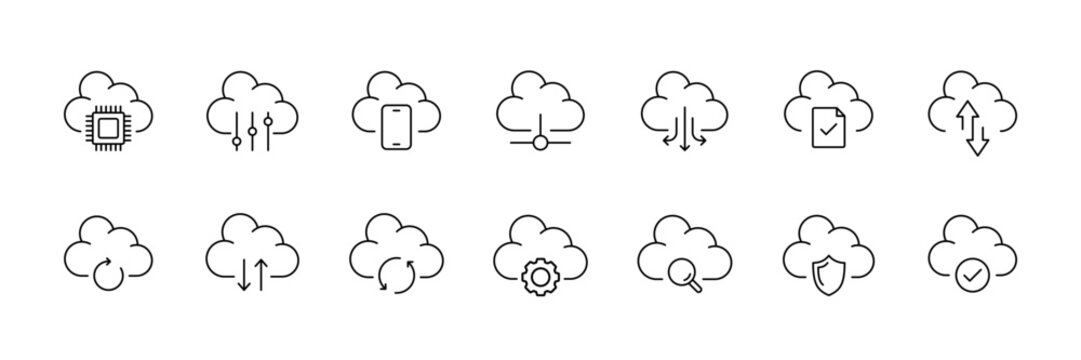 Cloud technology icons set: linear design for modern applications