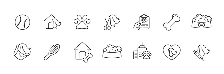 Comprehensive pet care icon set: 12 linear icons for grooming, health, and more