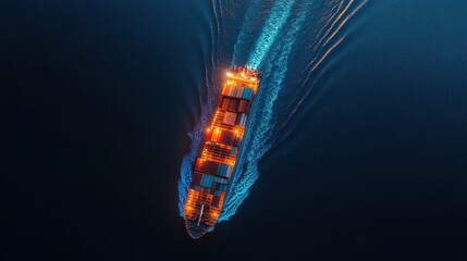 Container ship at sea with digital network links, digital trade network connection concept, global shipping industry. 
