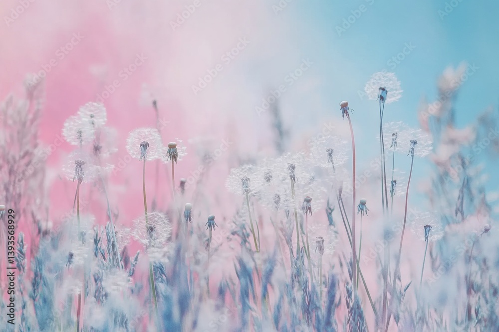 Aufkleber floating dandelion seeds dance through a pastel meadow under soft daylight, creating a whimsical and