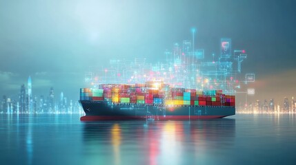 Obraz premium Container ship at sea with many digital network link icons on top of beautiful ship. 